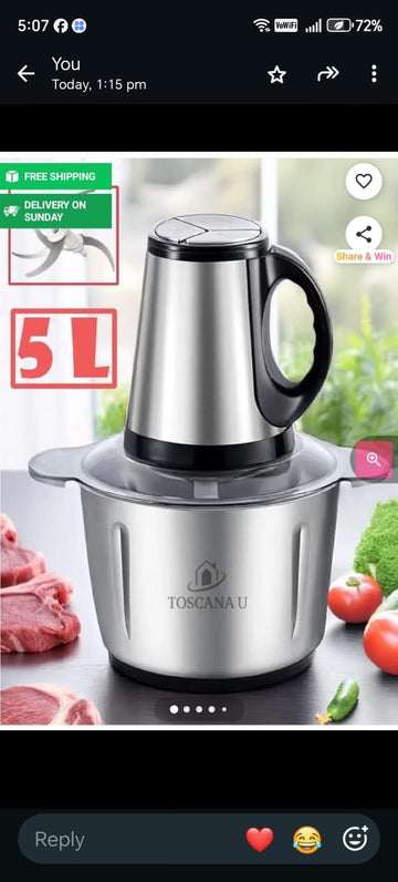 TOSCANA U 5L Electric Food Chopper & Meat Grinder | Stainless Steel Bowl | Multi-Function Food Processor